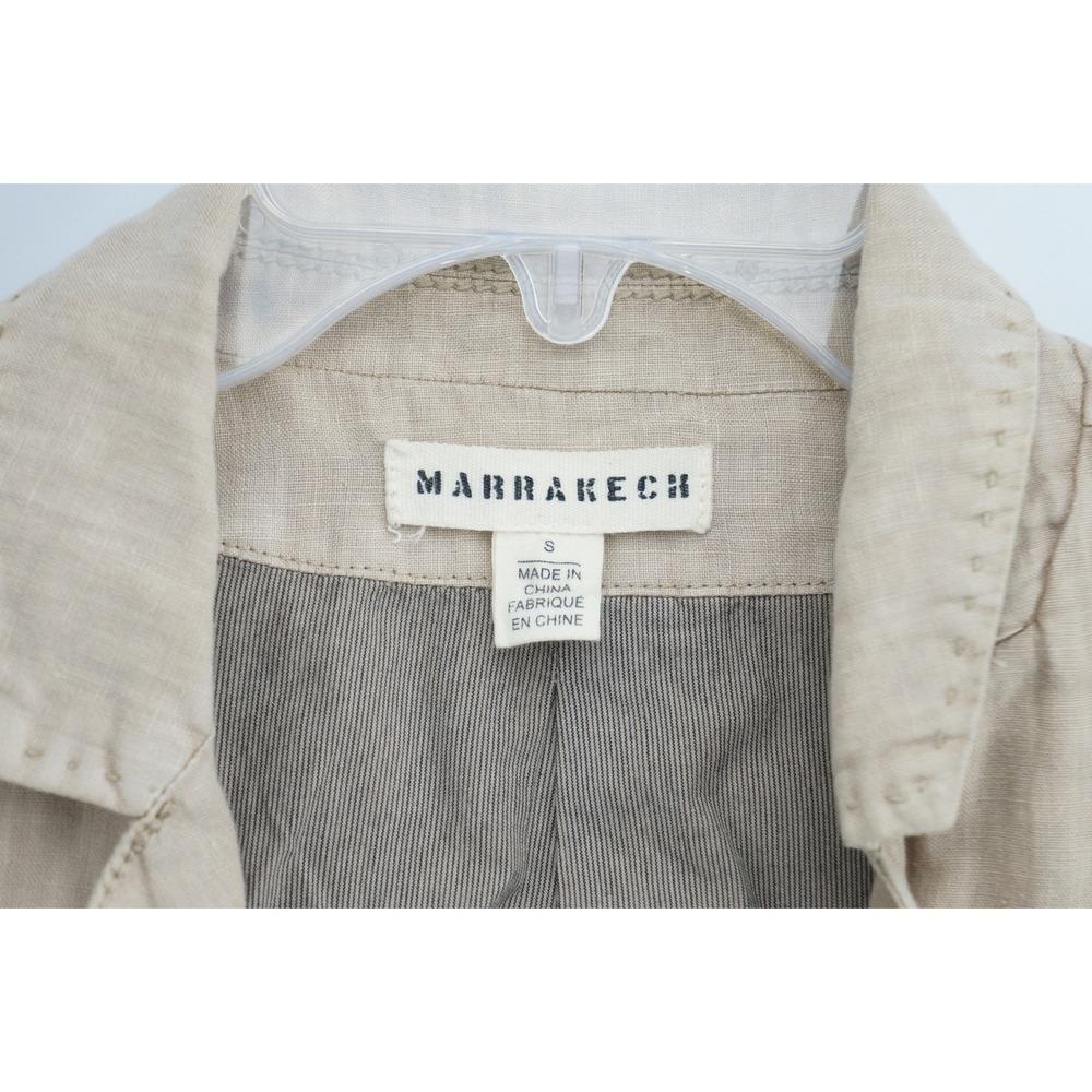 Marrakech Linen Blazer S Tan Safari Single Button 3/4 Sleeve Jacket Excellent - Picture 2 of 5